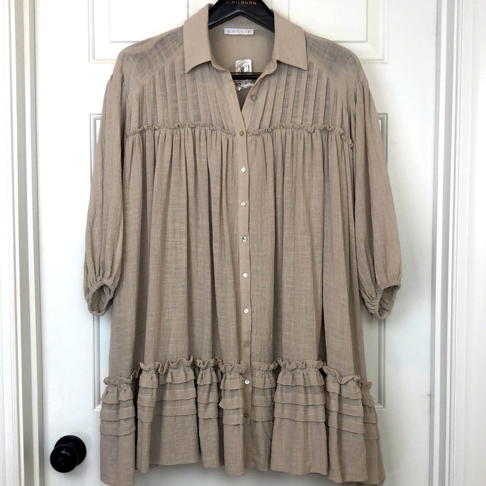 NWT Karlie Boho Tiered Mini Dress Size Medium Natural Tan Linen Color